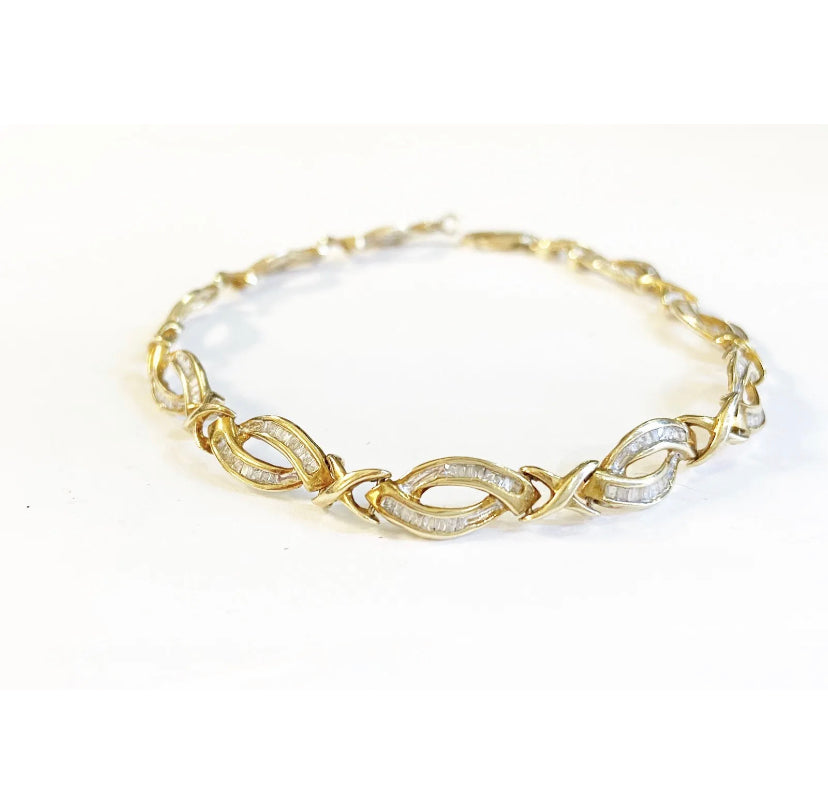 9ct vintage gold and baguette cut diamond bracelet