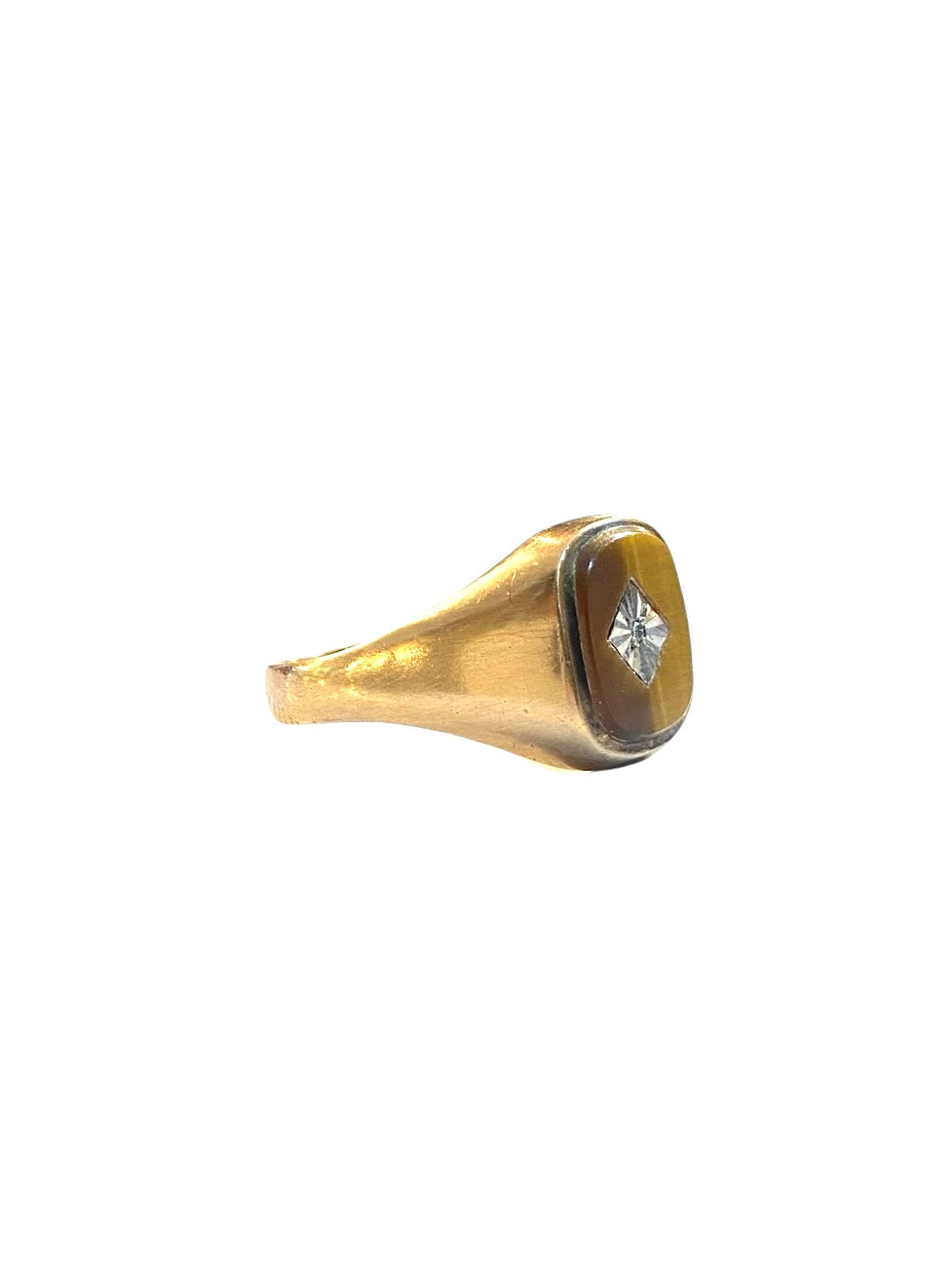 9ct vintage signet ring with tigers eye and diamond. ring size v