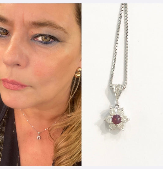 18ct vintage diamond and ruby pendant on chain 17 inches white gold