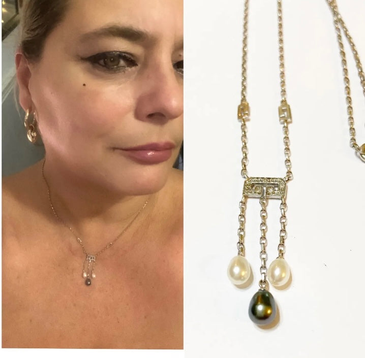 9ct vintage white gold necklace with pearls and diamonds