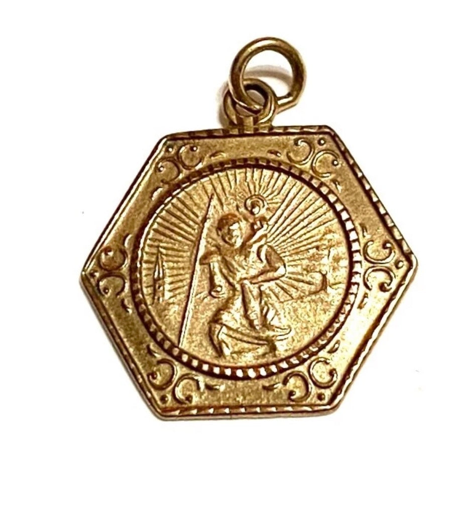 9ct vintage hexagonal st christopher charm - pendant circa 1973