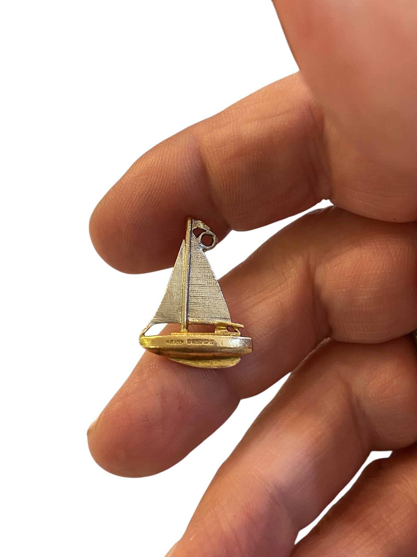 9ct vintage yacht charm, circa 1968. white and yellow gold