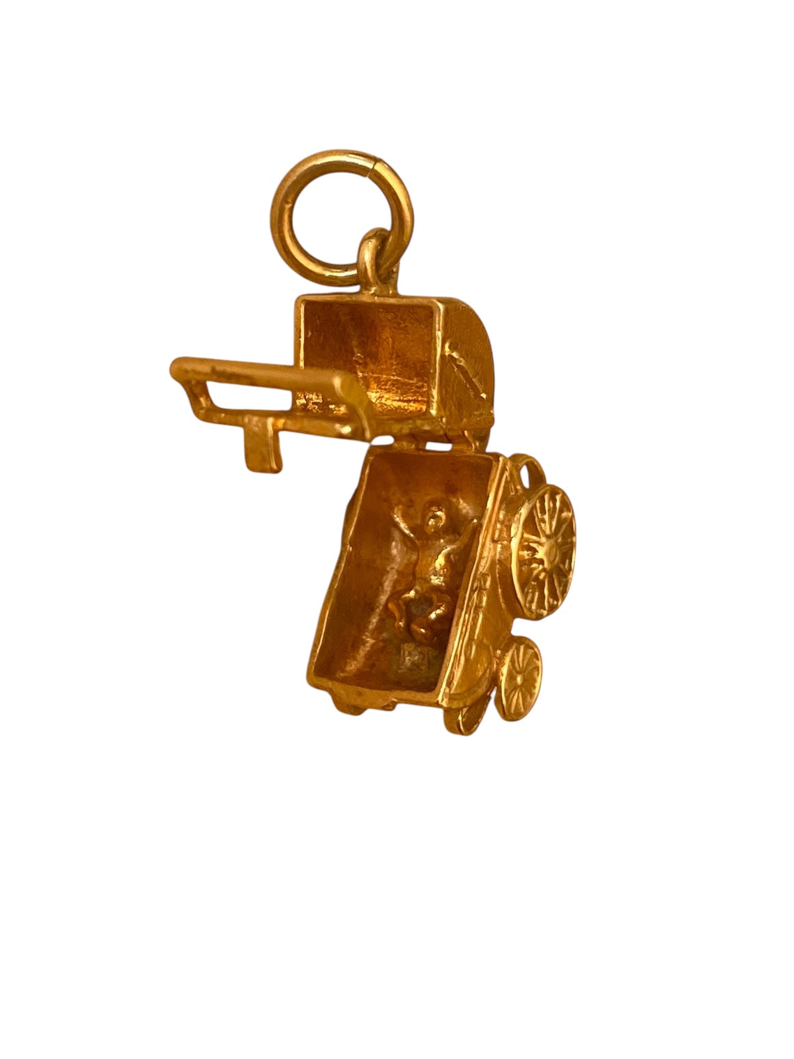 9ct vintage opening pram charm with baby inside.