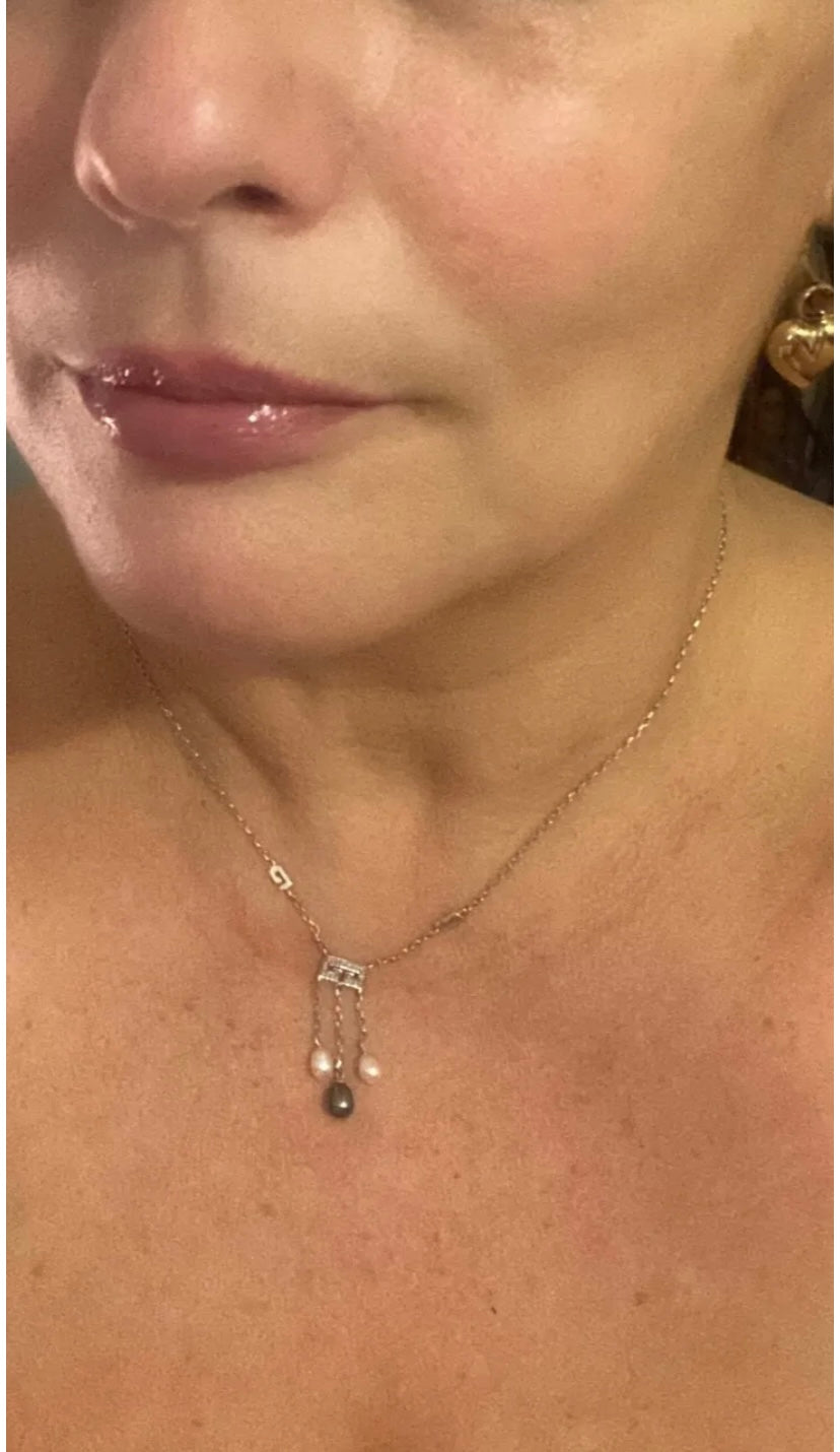 9ct vintage white gold necklace with pearls and diamonds