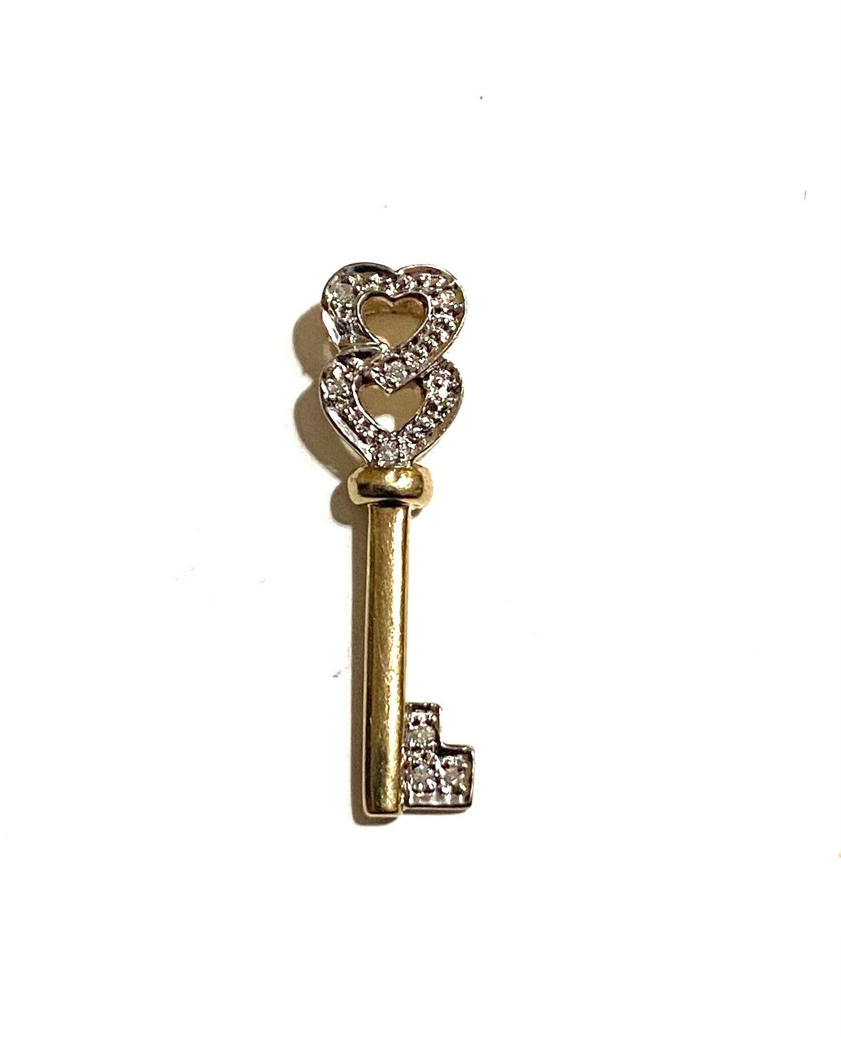 9ct vintage key charm with tow diamond hearts entwined as one