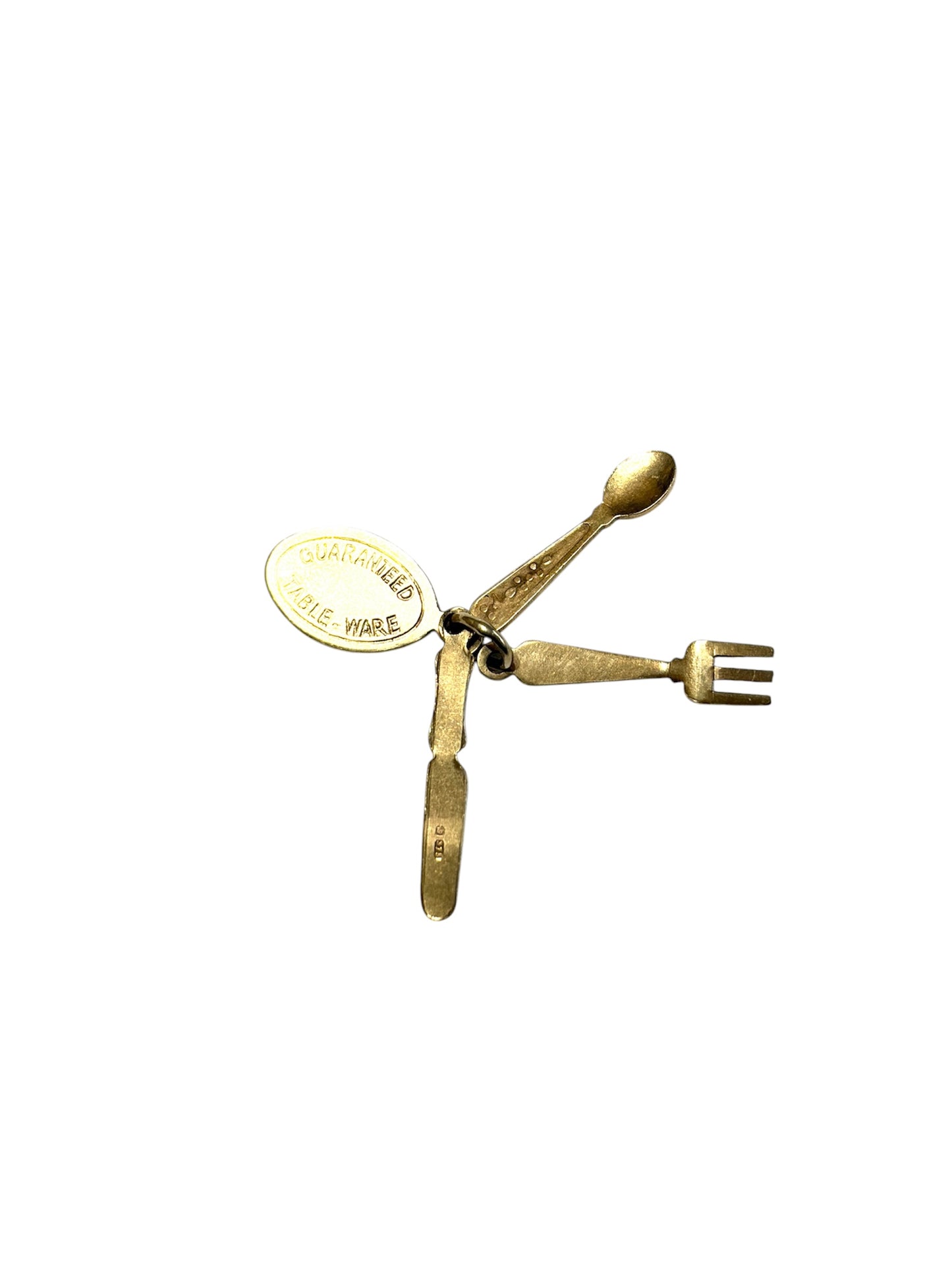 9ct vintage cutlery set, fork, knife and spoon charm circa 1976 by G&H