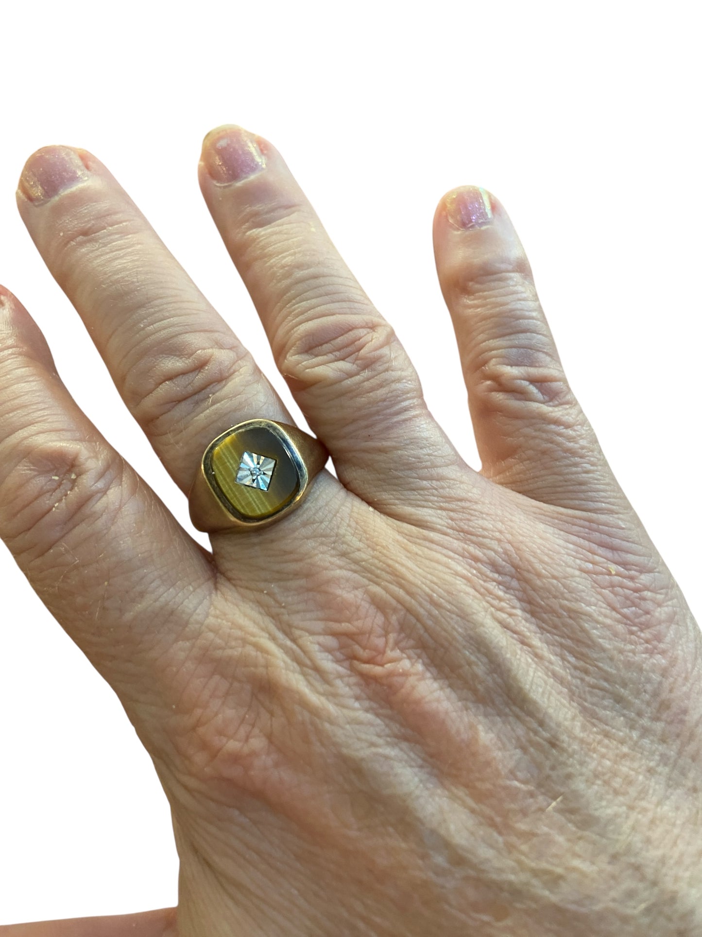 9ct vintage signet ring with tigers eye and diamond. ring size v