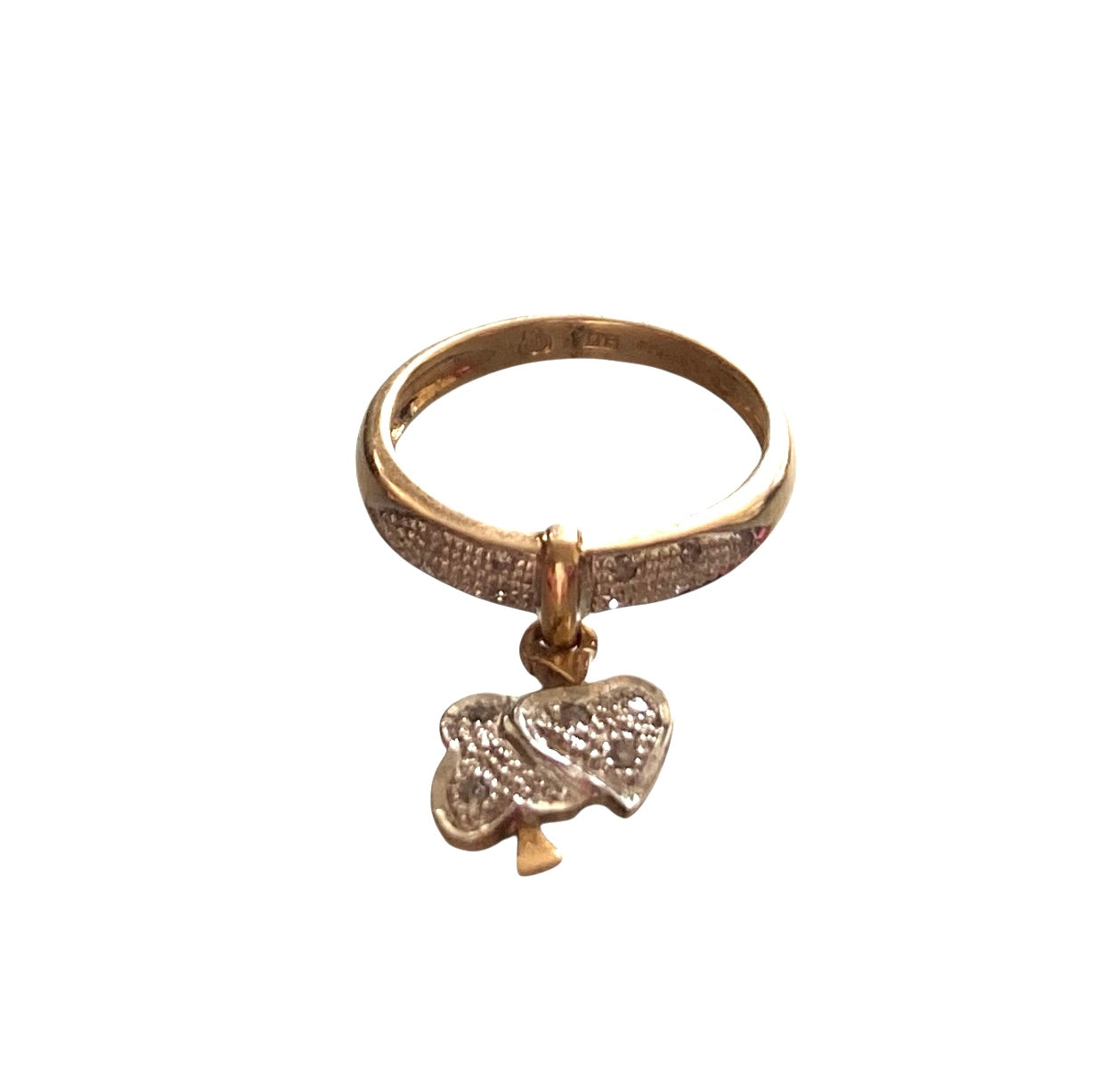 9ct vintage charm ring with heart and clover charm size M 1/2