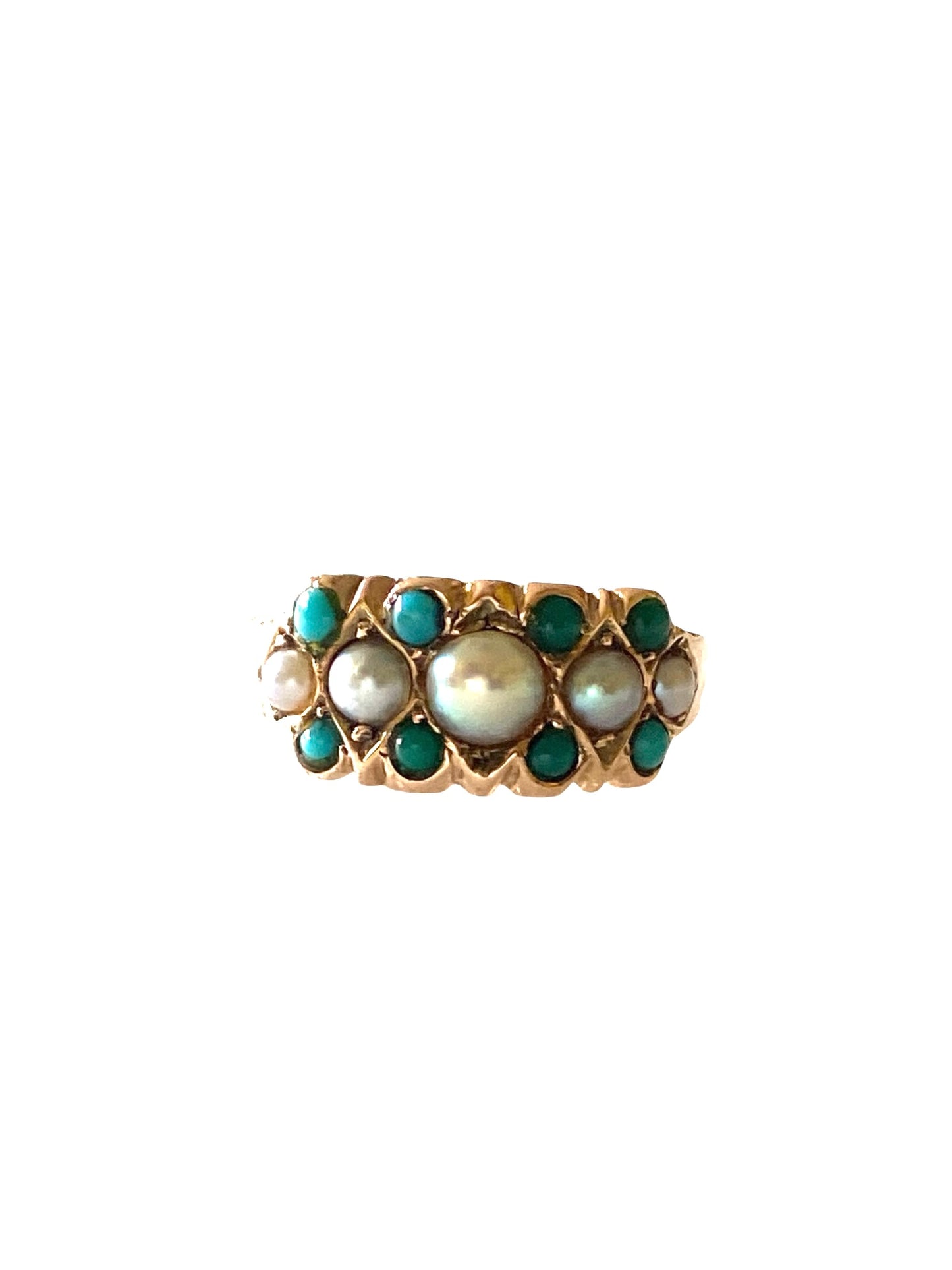 9ct victorian ring with turquoise and pearls, ring size I. circa 1879.