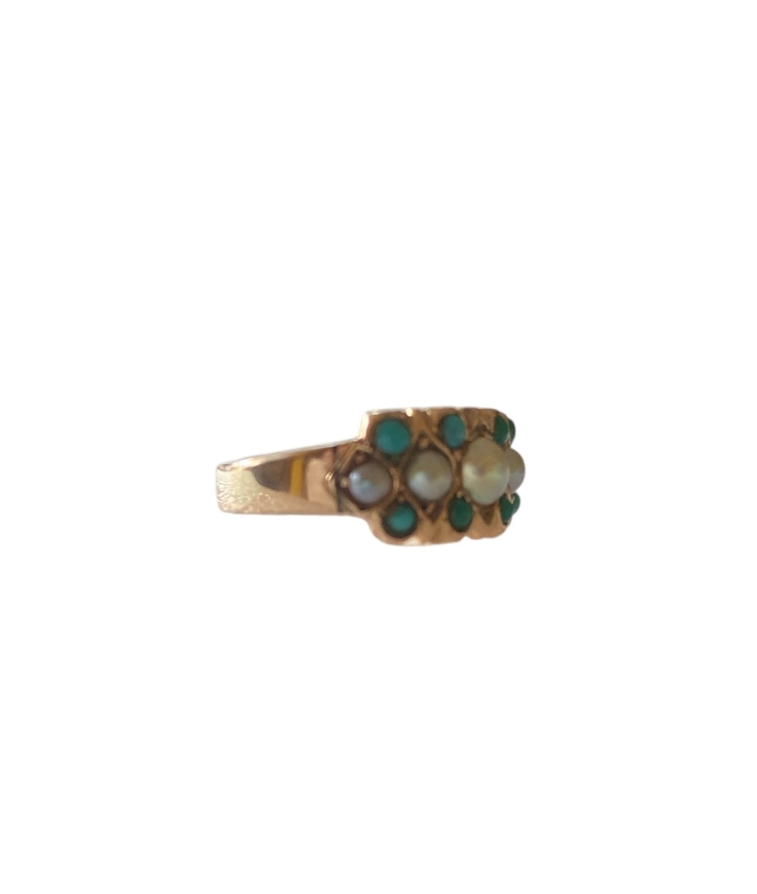 9ct victorian ring with turquoise and pearls, ring size I. circa 1879.