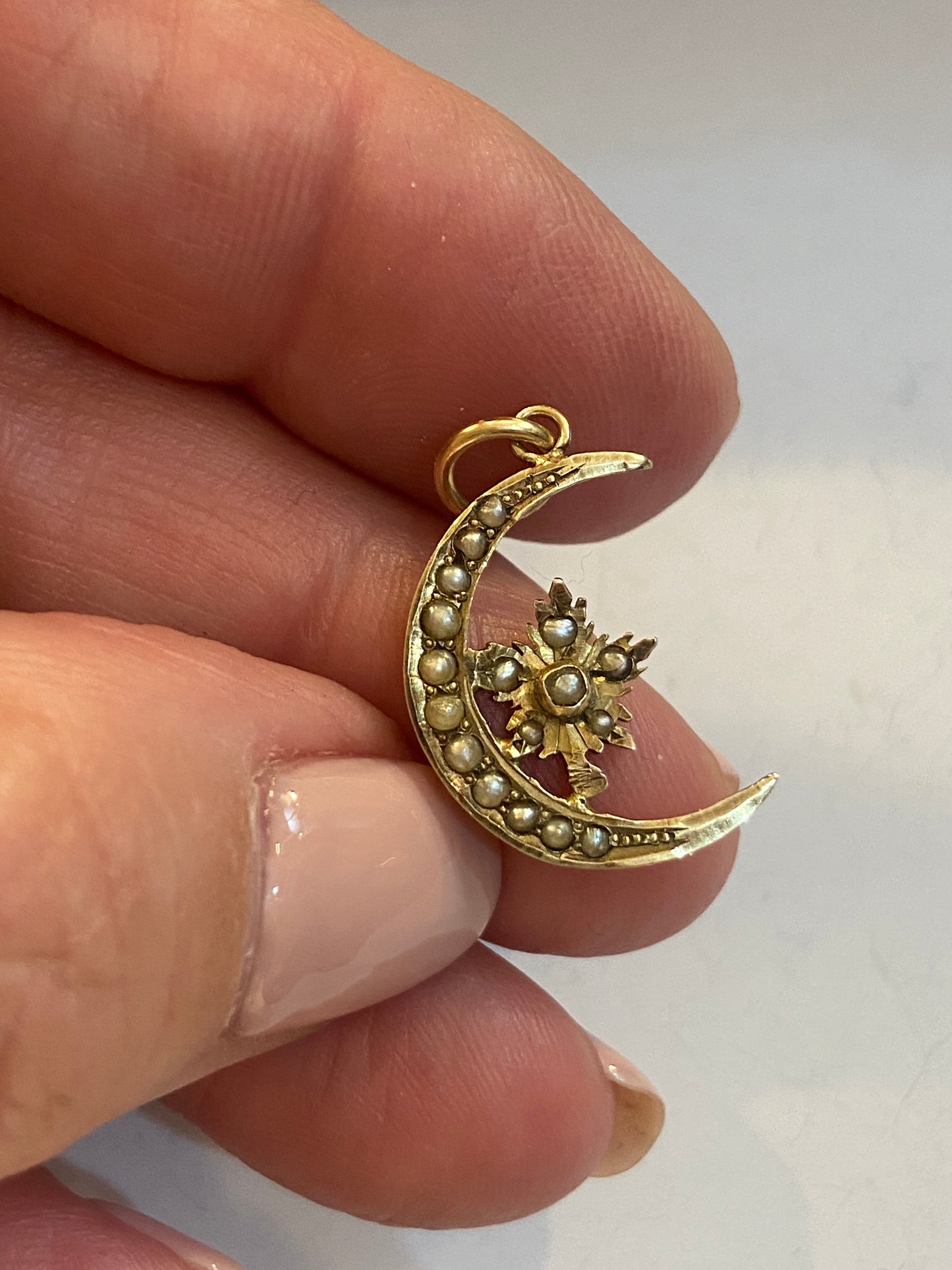 10ct moon and star charm / pendant with seed pearls