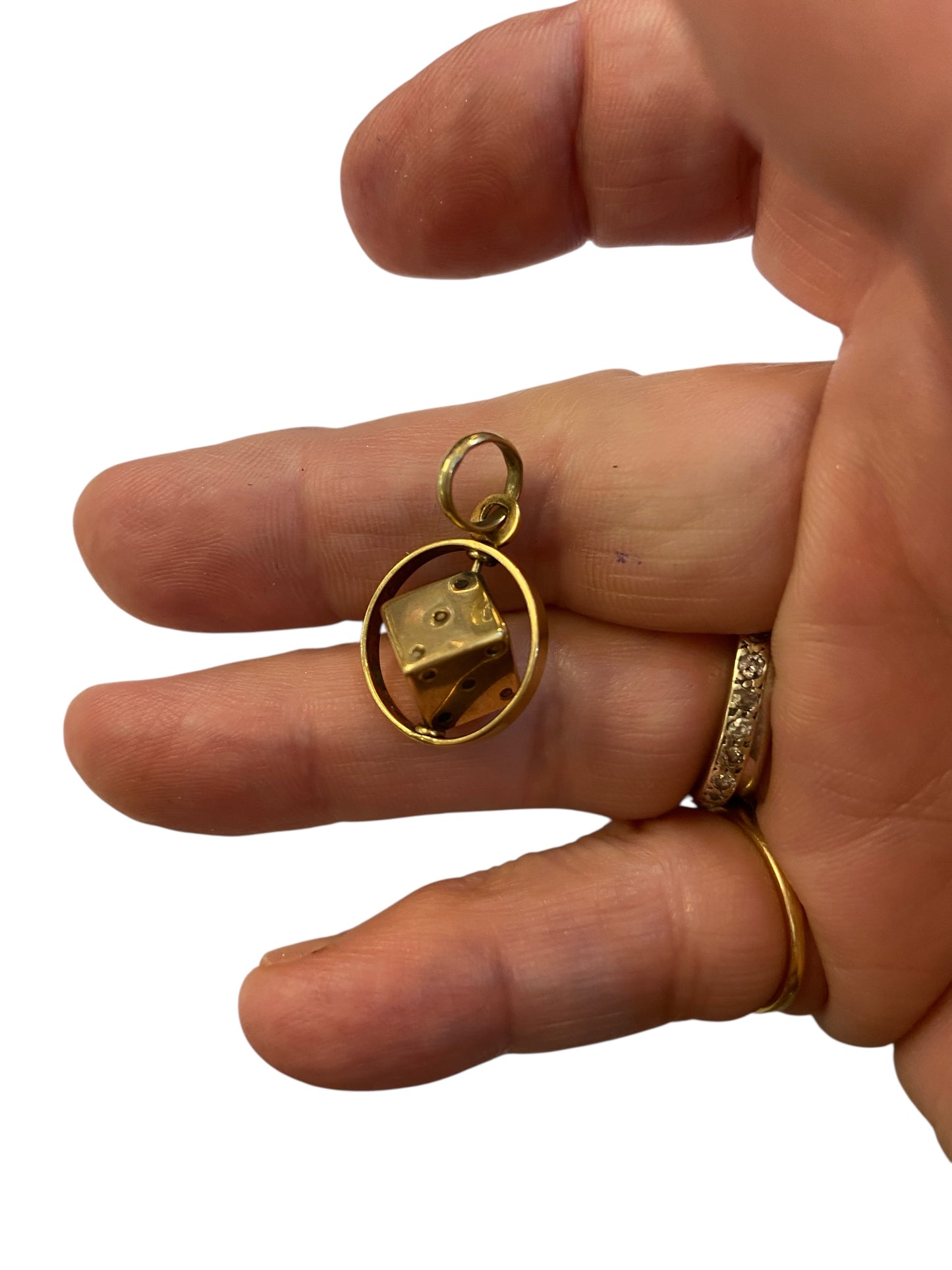 9ct vintage dice in disc charm / pendant. articulated maker STJ 2.4g circa 1978