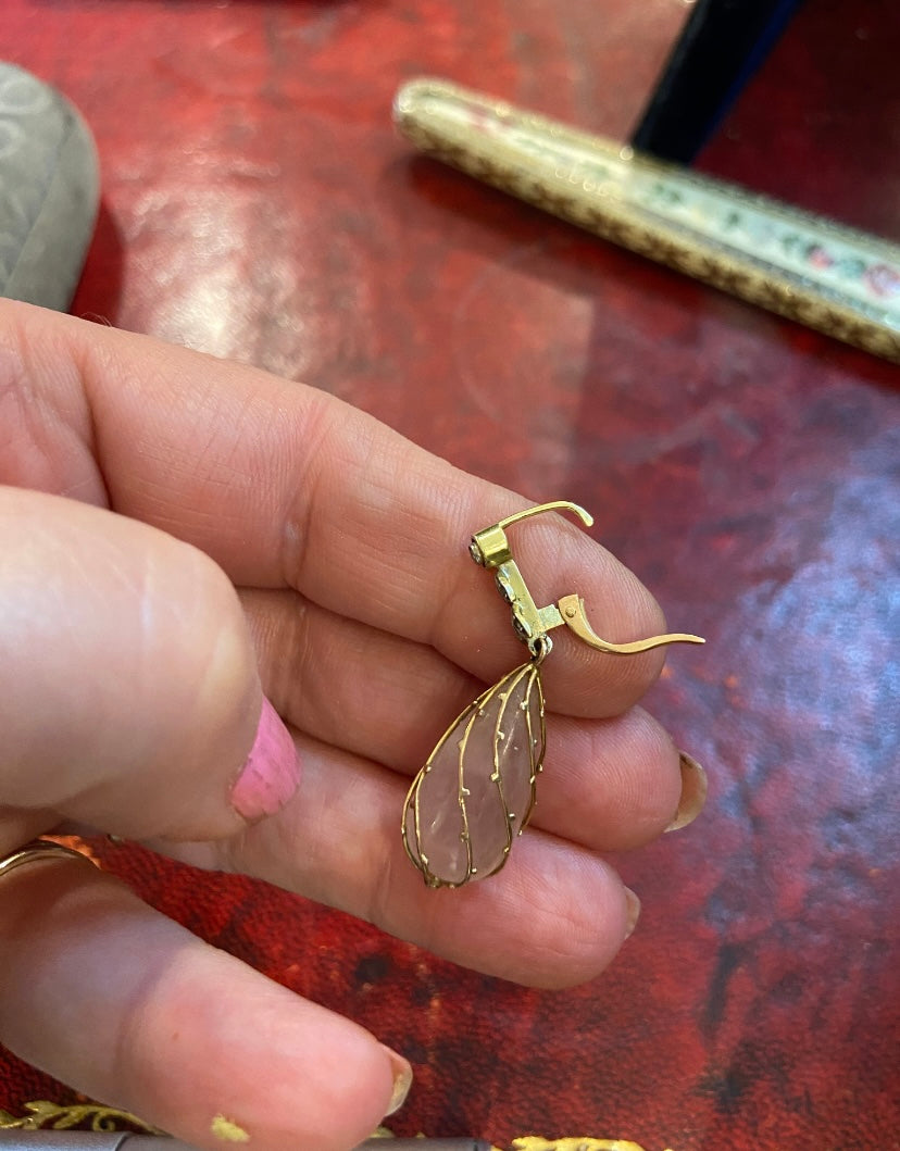 14ct 585 pre loved rose quartz drop earrings set in 14ct gold