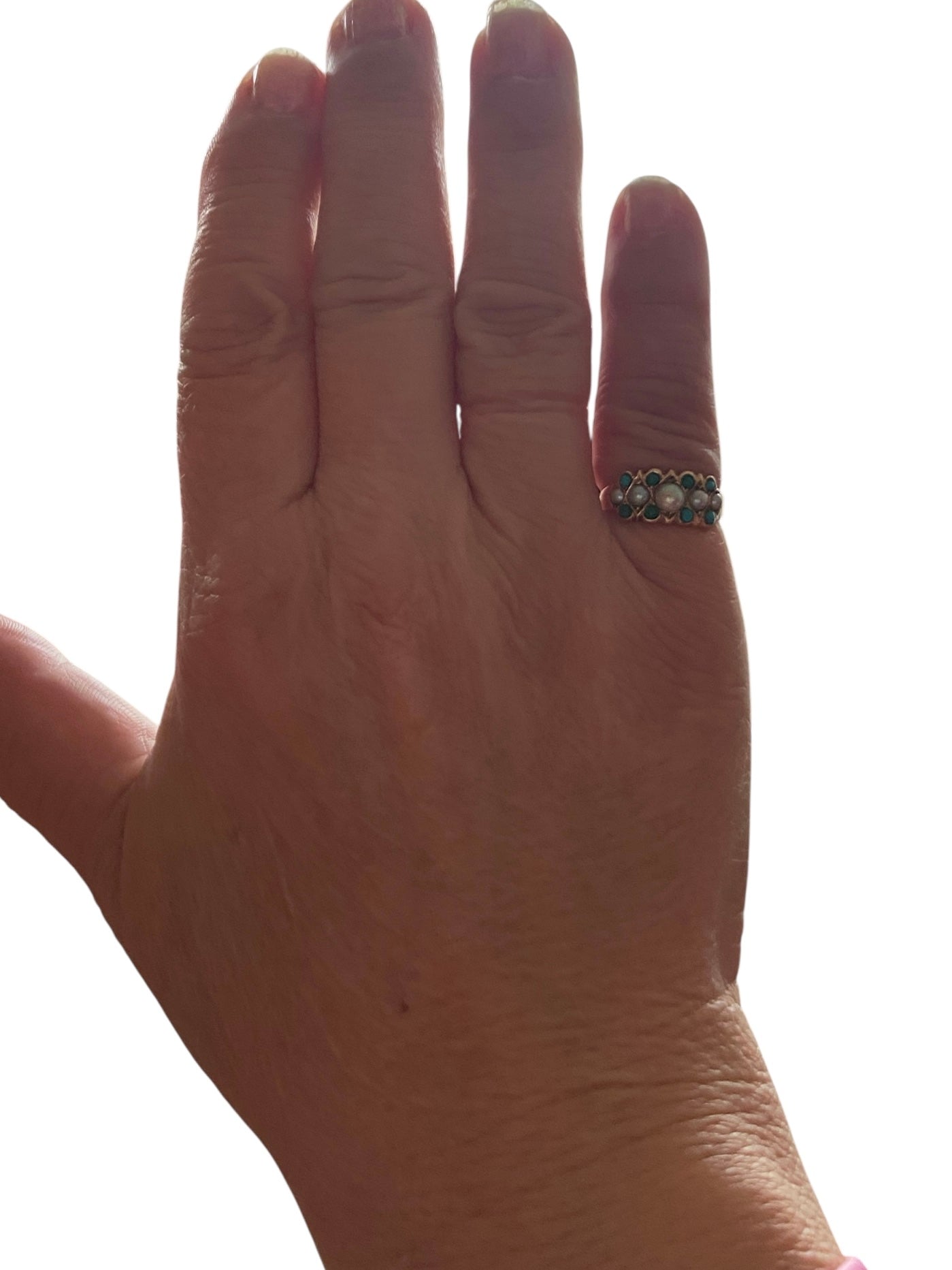 9ct victorian ring with turquoise and pearls, ring size I. circa 1879.