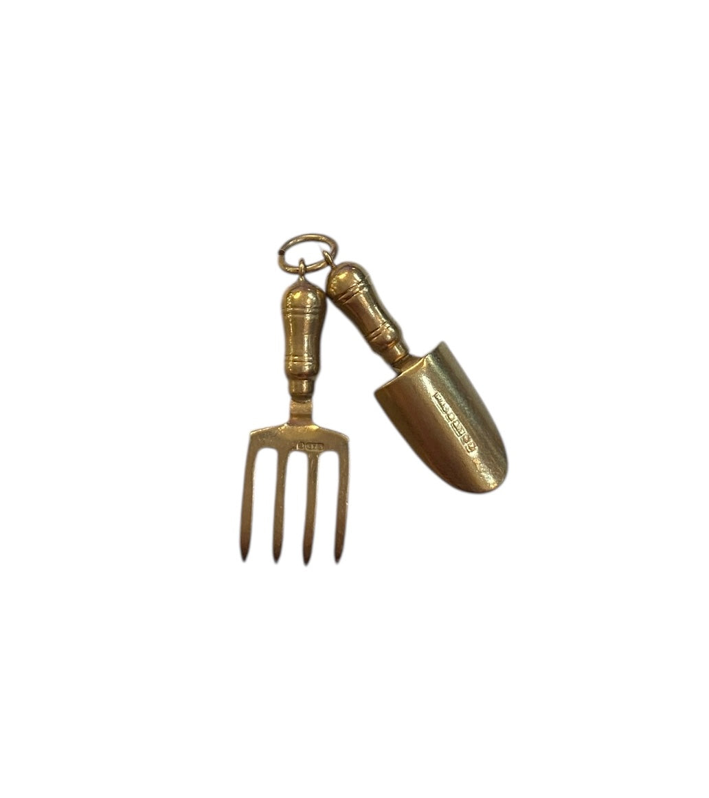 9ct vintage gardening tooks trawl and fork by WHC circa 1970