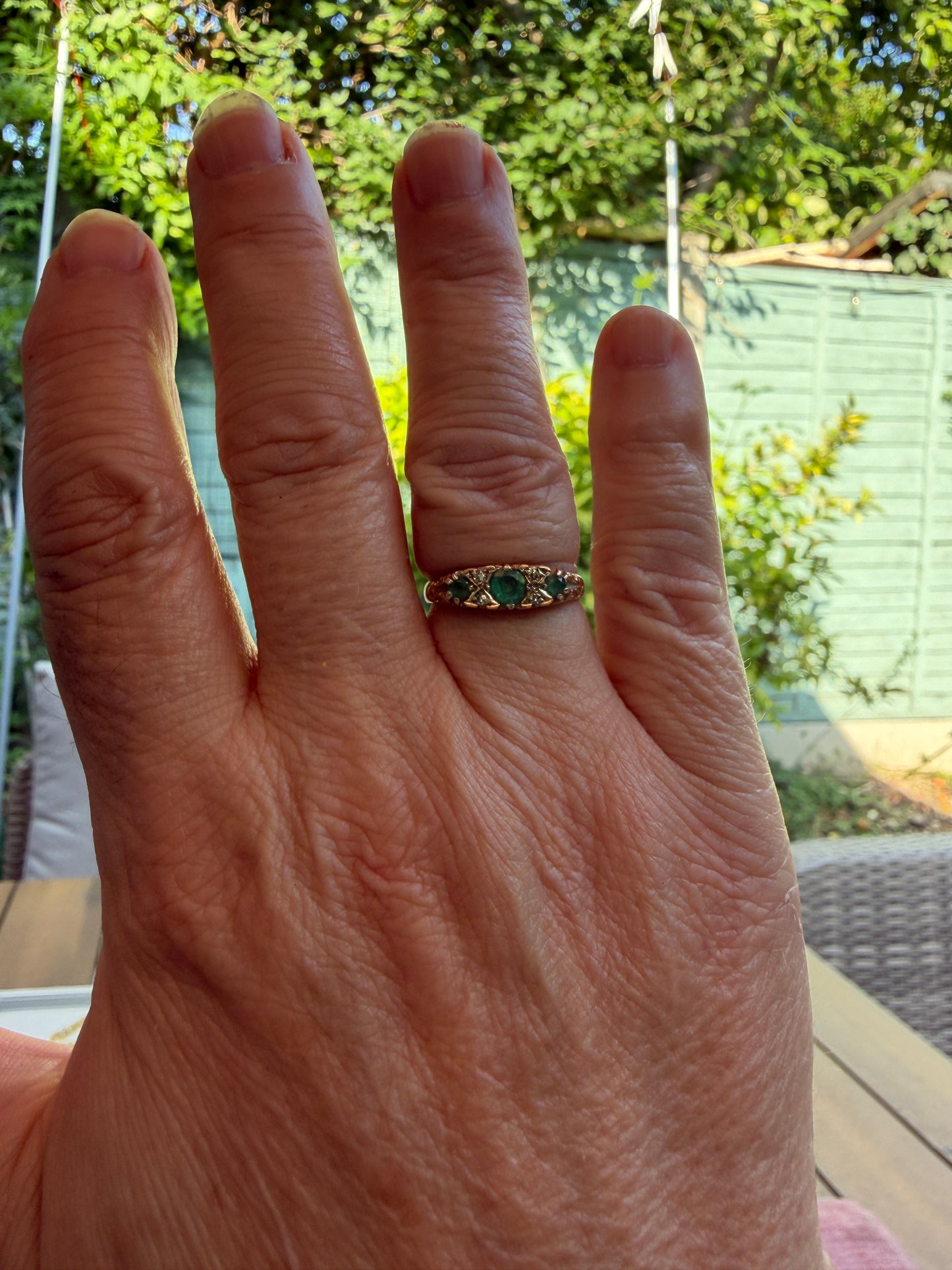 9ct vintage boat shape emerald and diamond ring size L 1/2