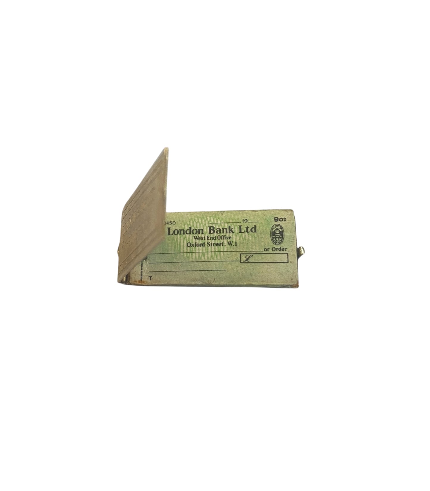 9ct vintage cheque book charm, opening with mini cheques inside. circa 1976