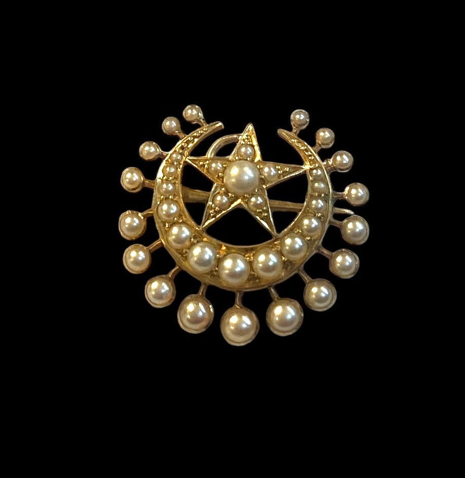 15ct vintage / antique moon and star pendant brooch with pearls