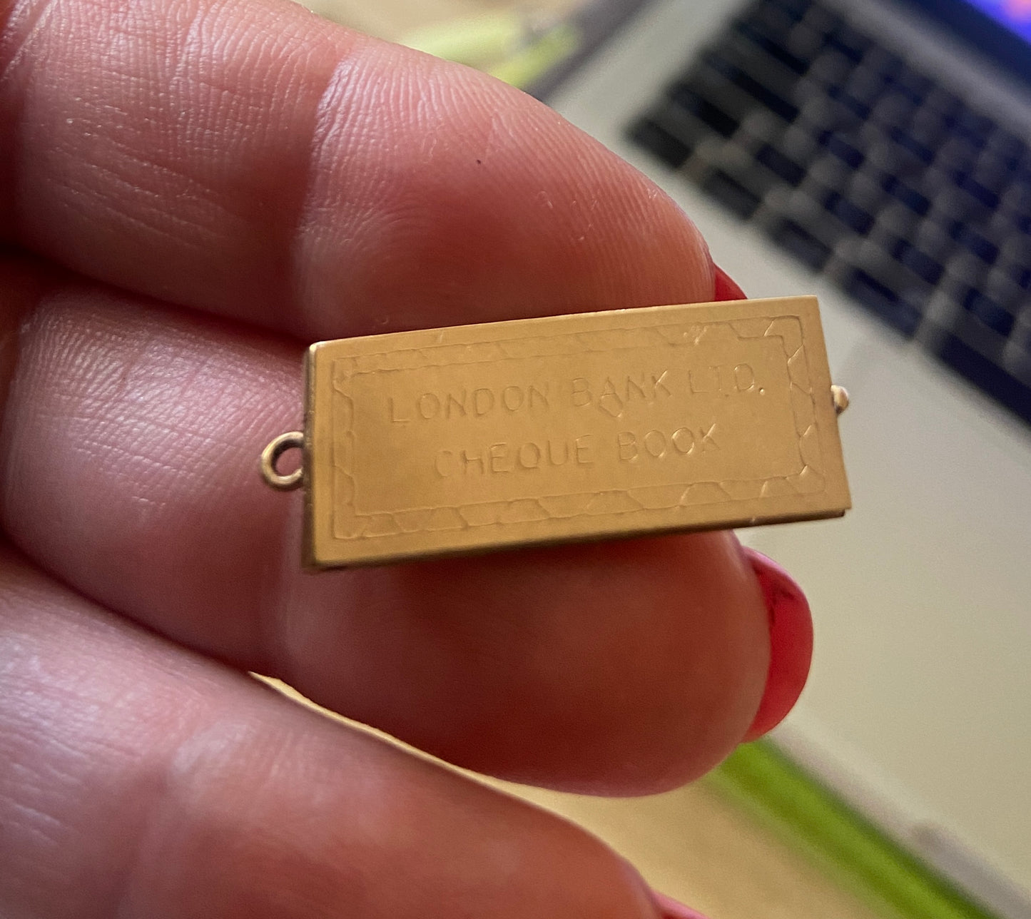 9ct vintage opening cheque book charm, with miniature cheques inside circa 1968