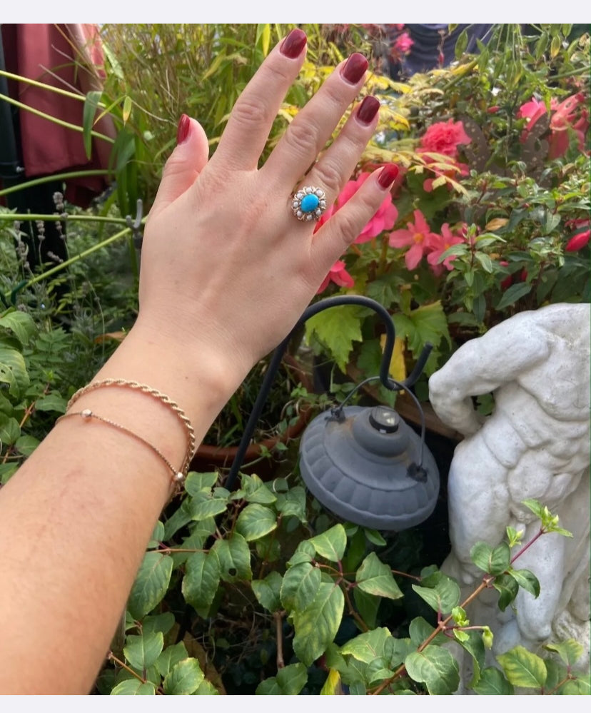 9ct vintage turquoise and pearl cluster ring size I