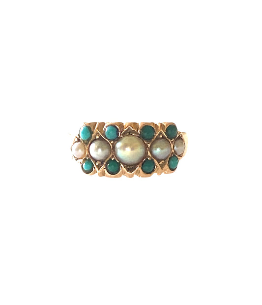 9ct victorian ring with turquoise and pearls, ring size I. circa 1879.