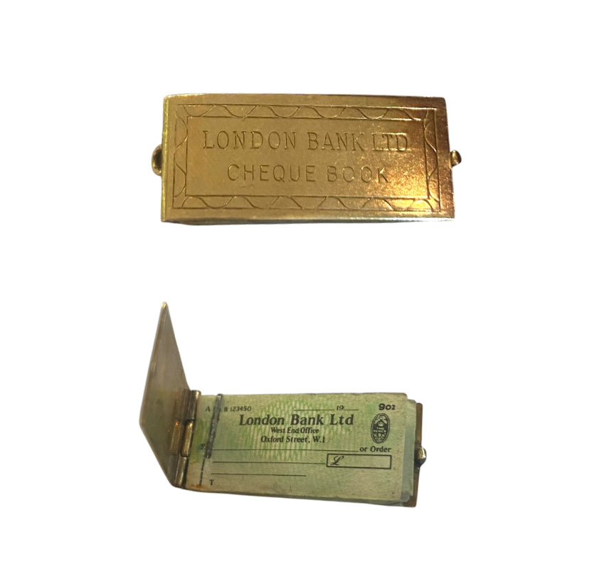 9ct vintage cheque book charm, opening with mini cheques inside. circa 1976