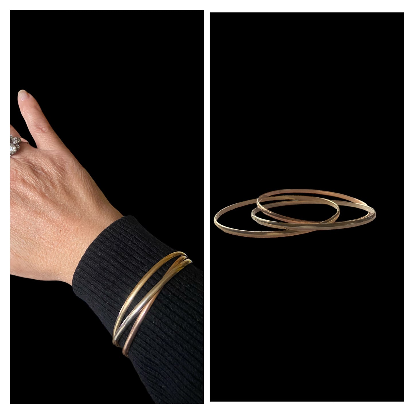 9ct vintage / pre owned trilogy bangle three colour gold. 15.6g