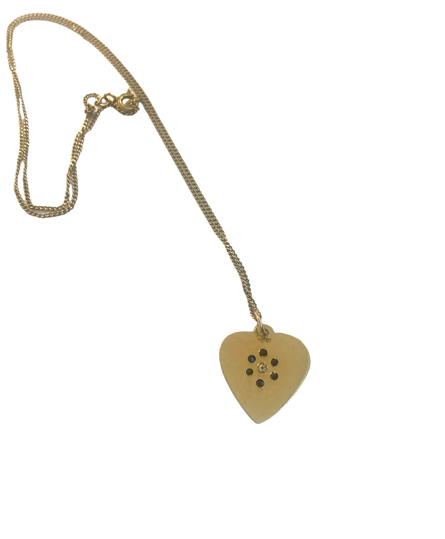 9ct preowned heart pendant and chain set with sapphire and Diamond