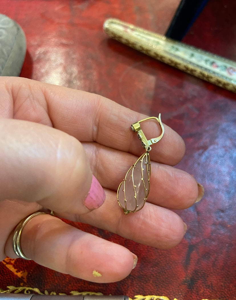 14ct 585 pre loved rose quartz drop earrings set in 14ct gold