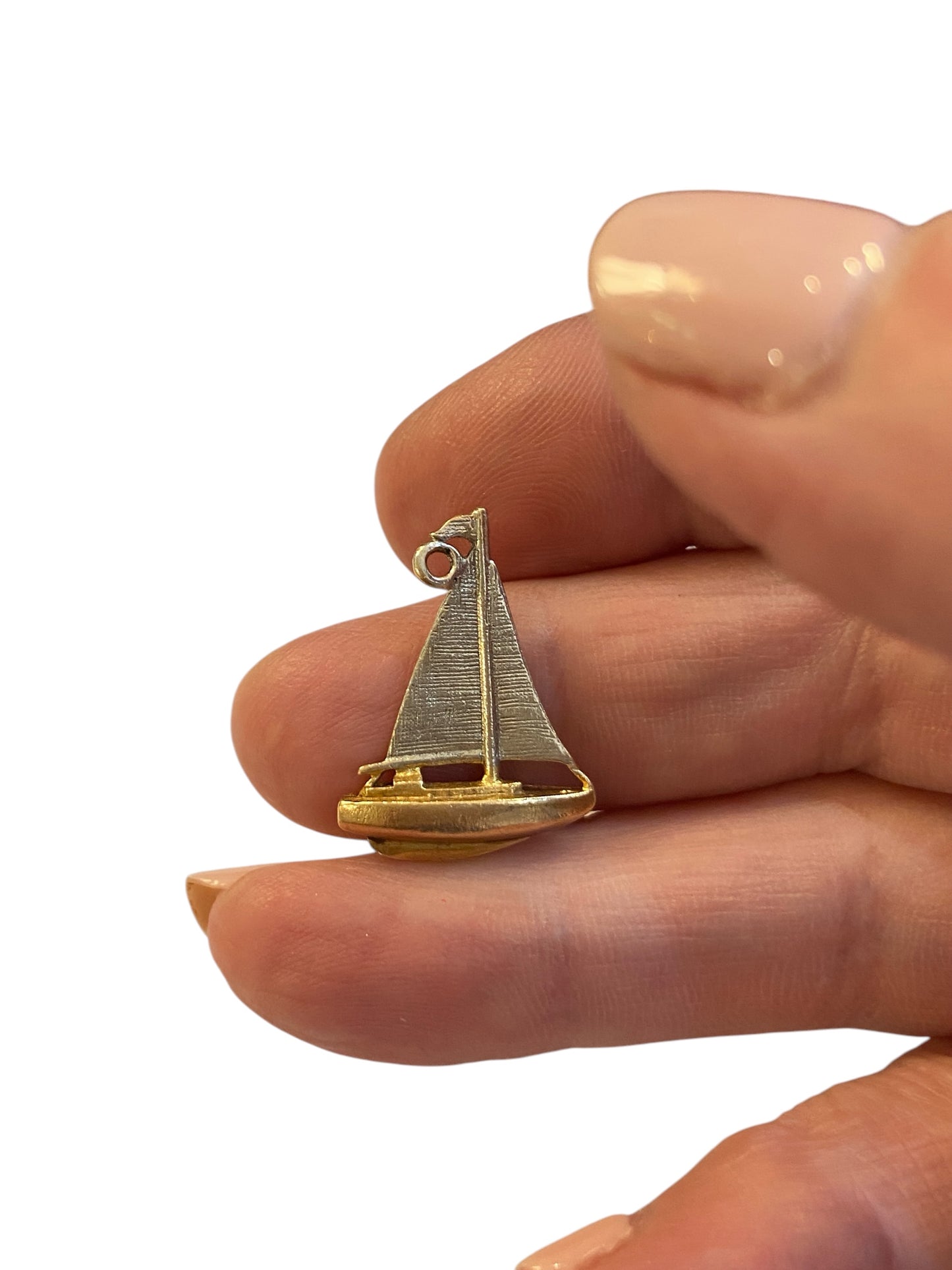 9ct vintage yacht charm, circa 1968. white and yellow gold