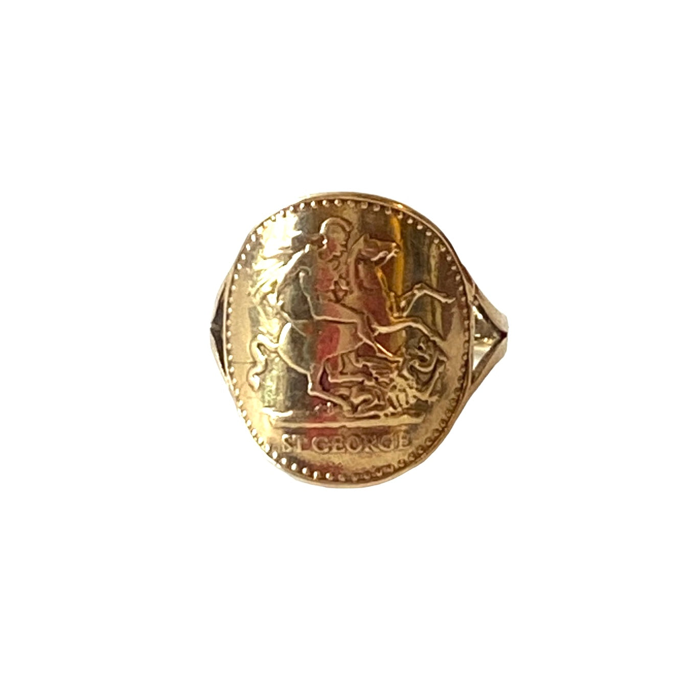 9ct vintage ring size T. St George on the front and krugerrand on the reverse