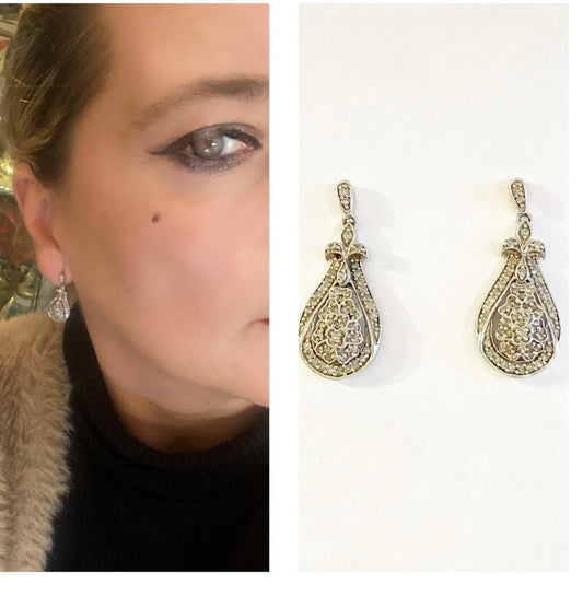 9ct vintage white gold diamond drop earrings