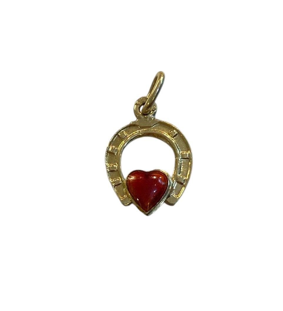 14ct vintage horseshoe with red enamel heart . 585