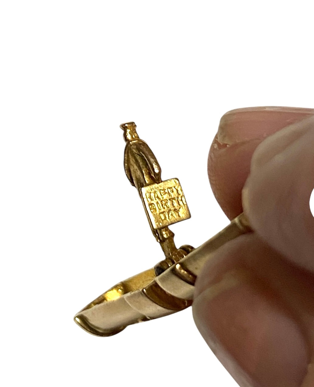 9ct vintage charm, opening post box with postman and happy birthday card. rare charm