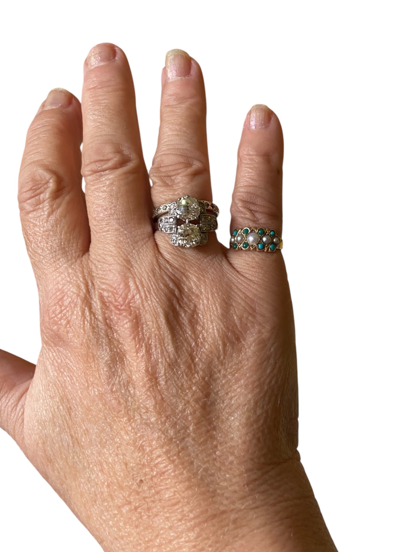9ct victorian ring with turquoise and pearls, ring size I. circa 1879.