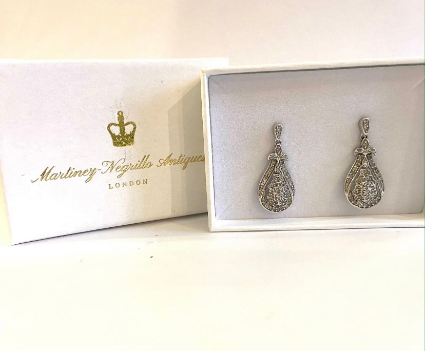 9ct vintage white gold diamond drop earrings