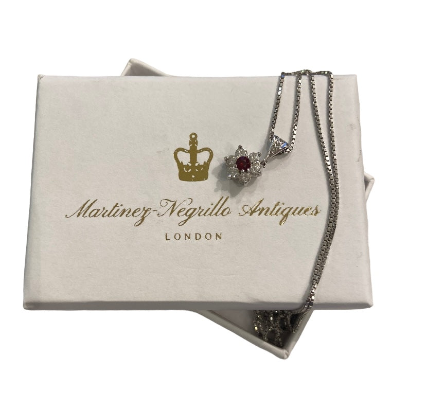 18ct vintage diamond and ruby pendant on chain 17 inches white gold