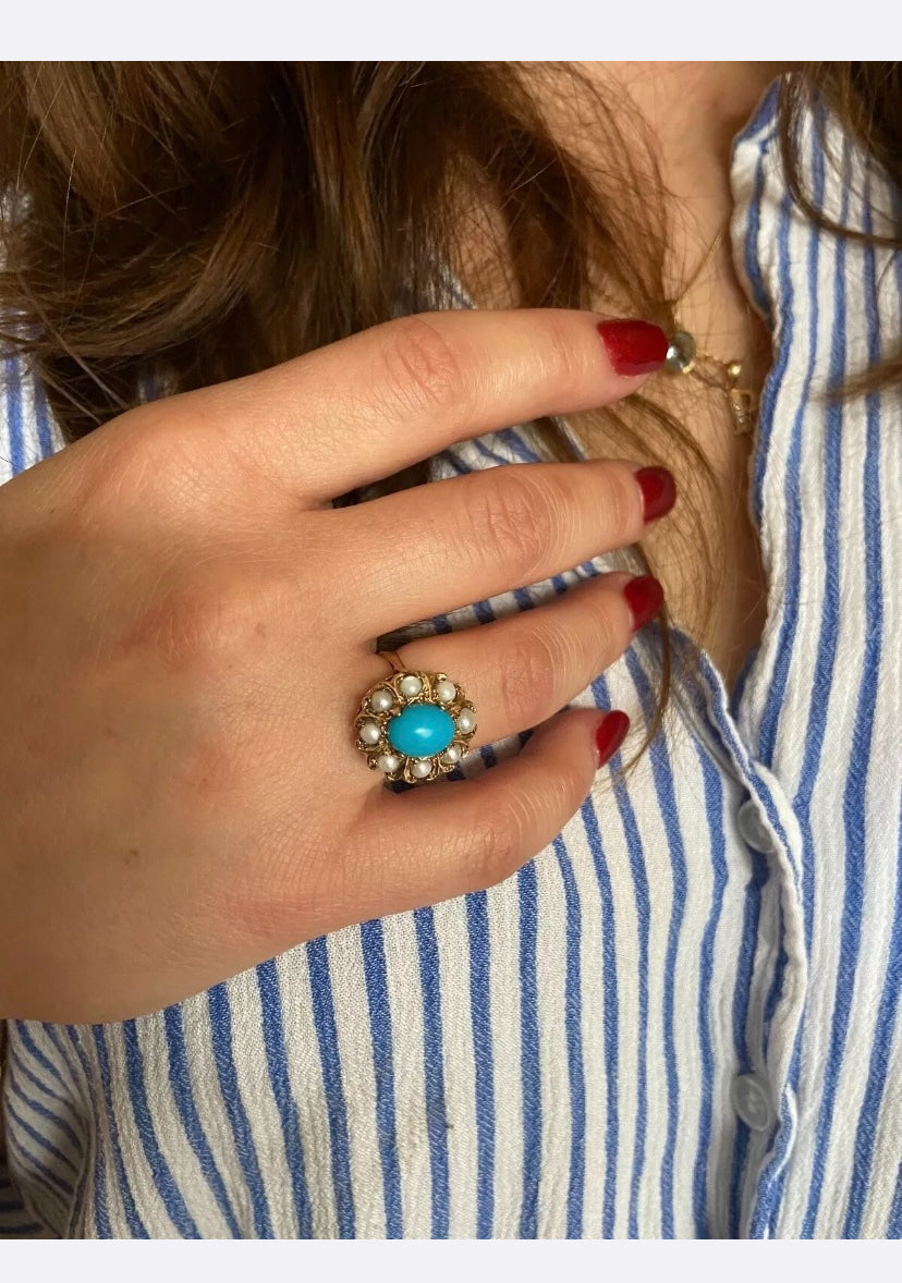 9ct vintage turquoise and pearl cluster ring size I