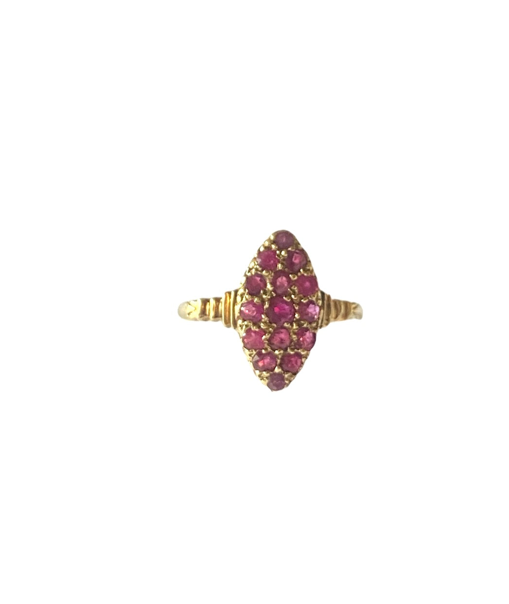 9ct vintage ruby ring . marquise shape ring size O