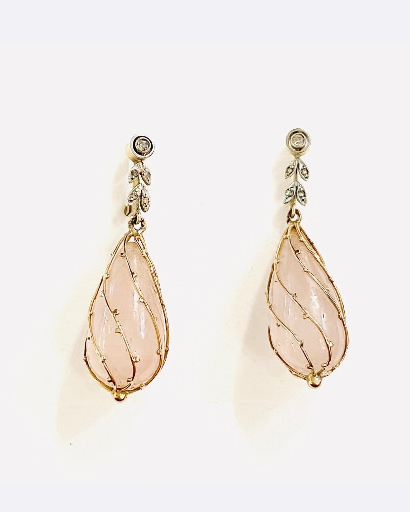 14ct 585 pre loved rose quartz drop earrings set in 14ct gold