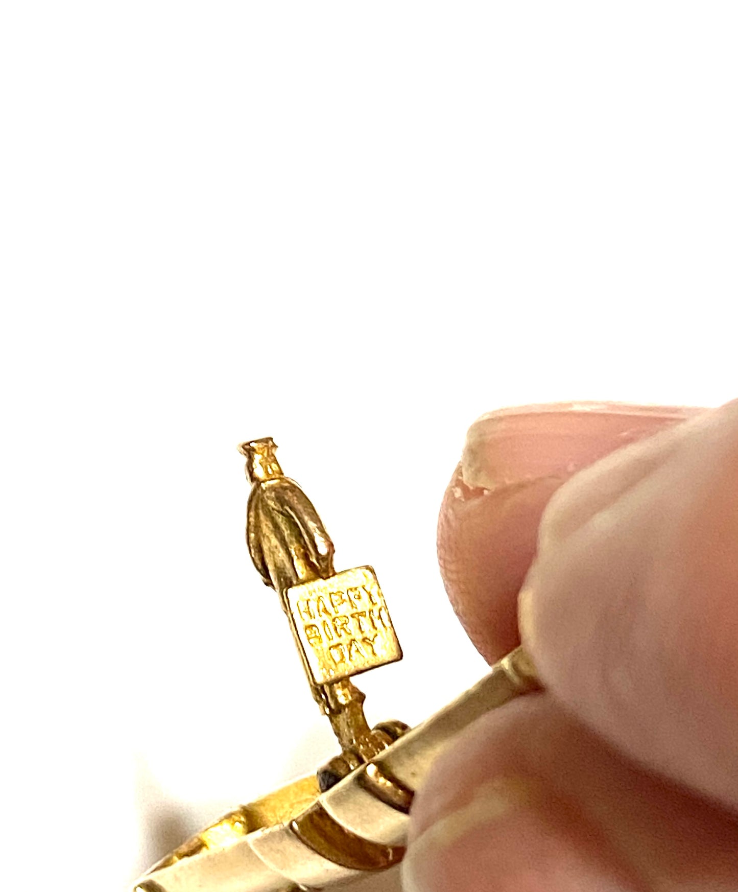 9ct vintage charm, opening post box with postman and happy birthday card. rare charm