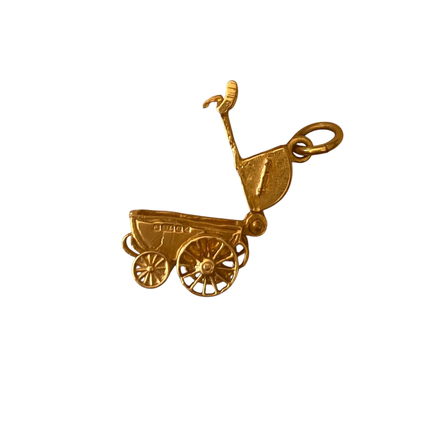 9ct vintage opening pram charm with baby inside.
