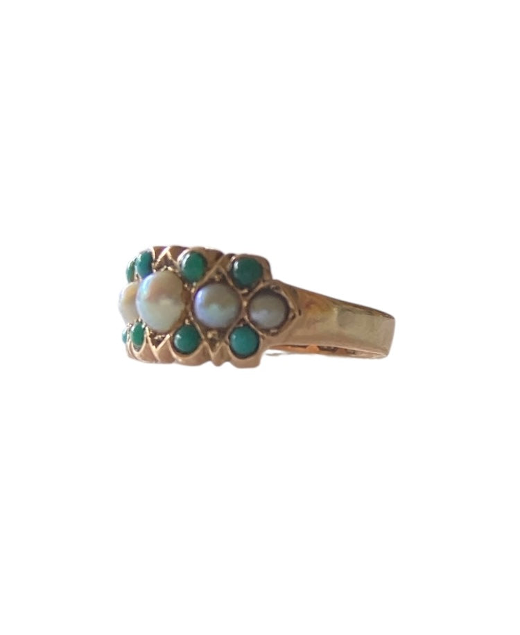 9ct victorian ring with turquoise and pearls, ring size I. circa 1879.