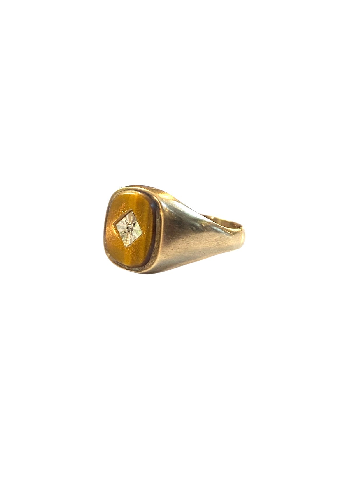 9ct vintage signet ring with tigers eye and diamond. ring size v