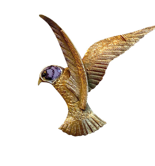 9ct vintage hawk / eagle brooch with enamel