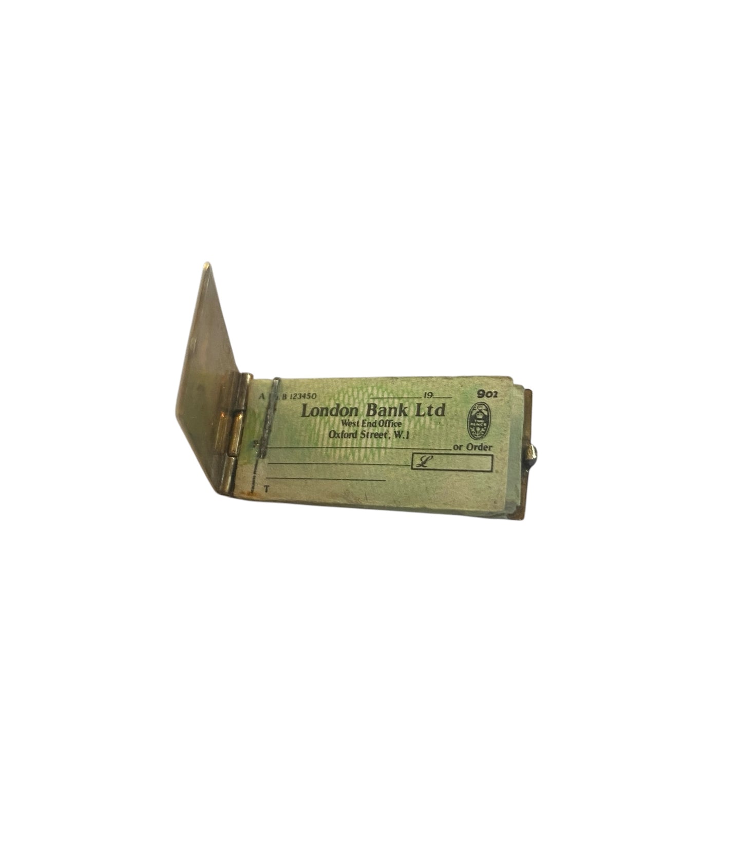 9ct vintage cheque book charm, opening with mini cheques inside. circa 1976