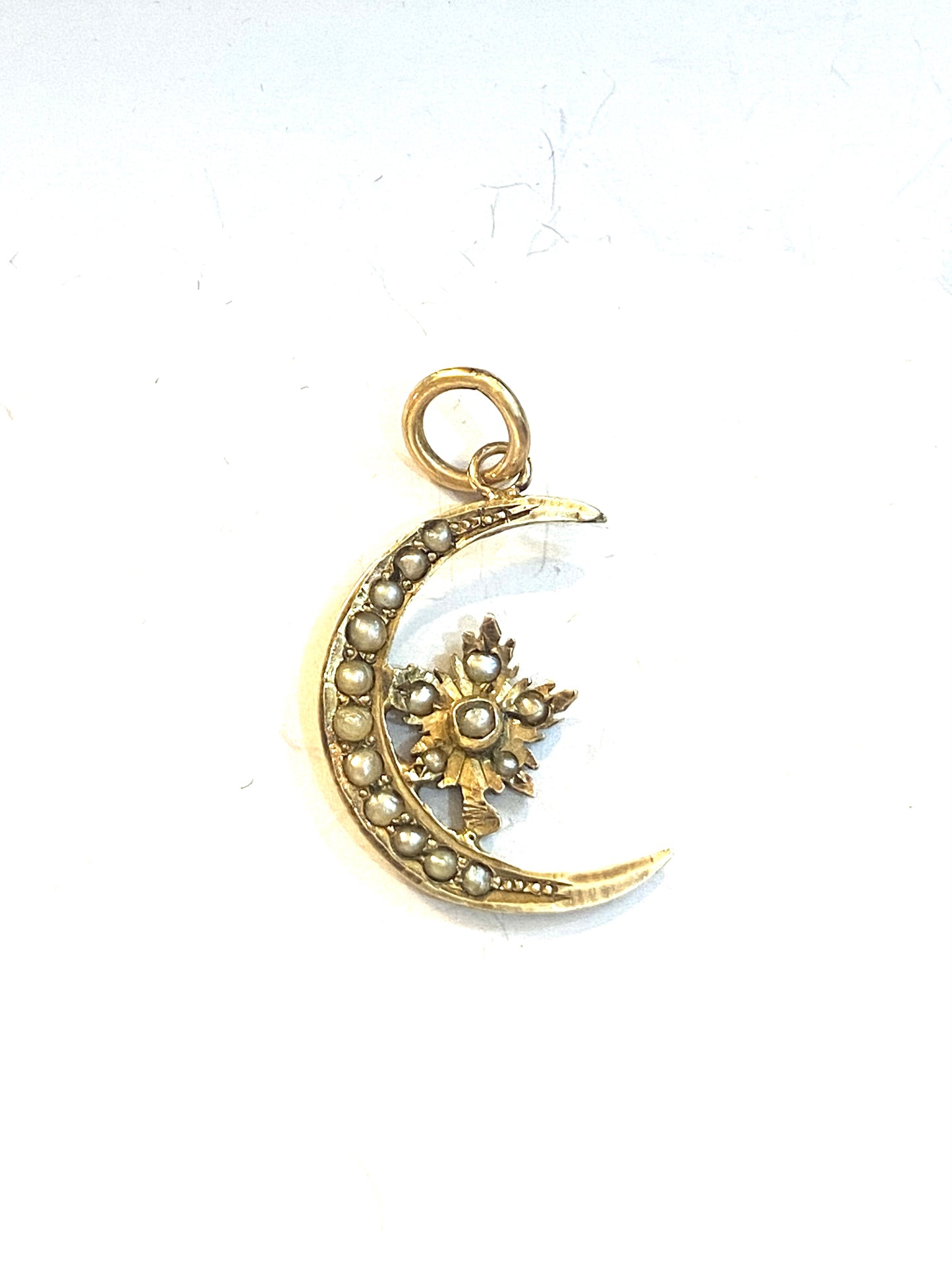 10ct moon and star charm / pendant with seed pearls
