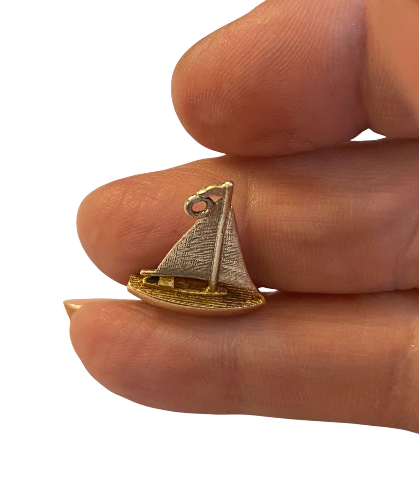 9ct vintage yacht charm, circa 1968. white and yellow gold