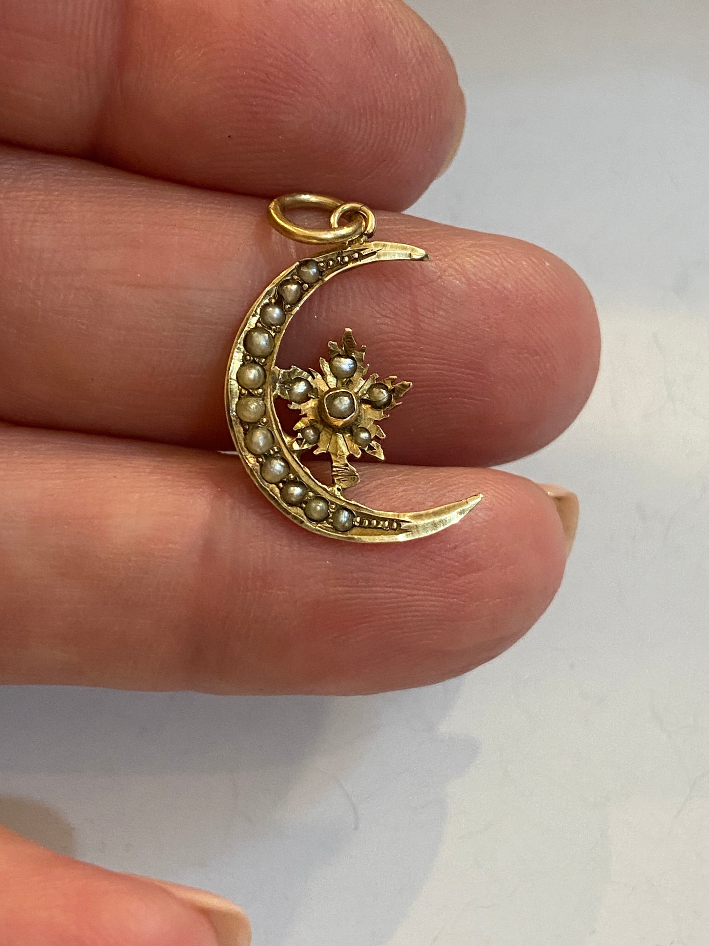 10ct moon and star charm / pendant with seed pearls