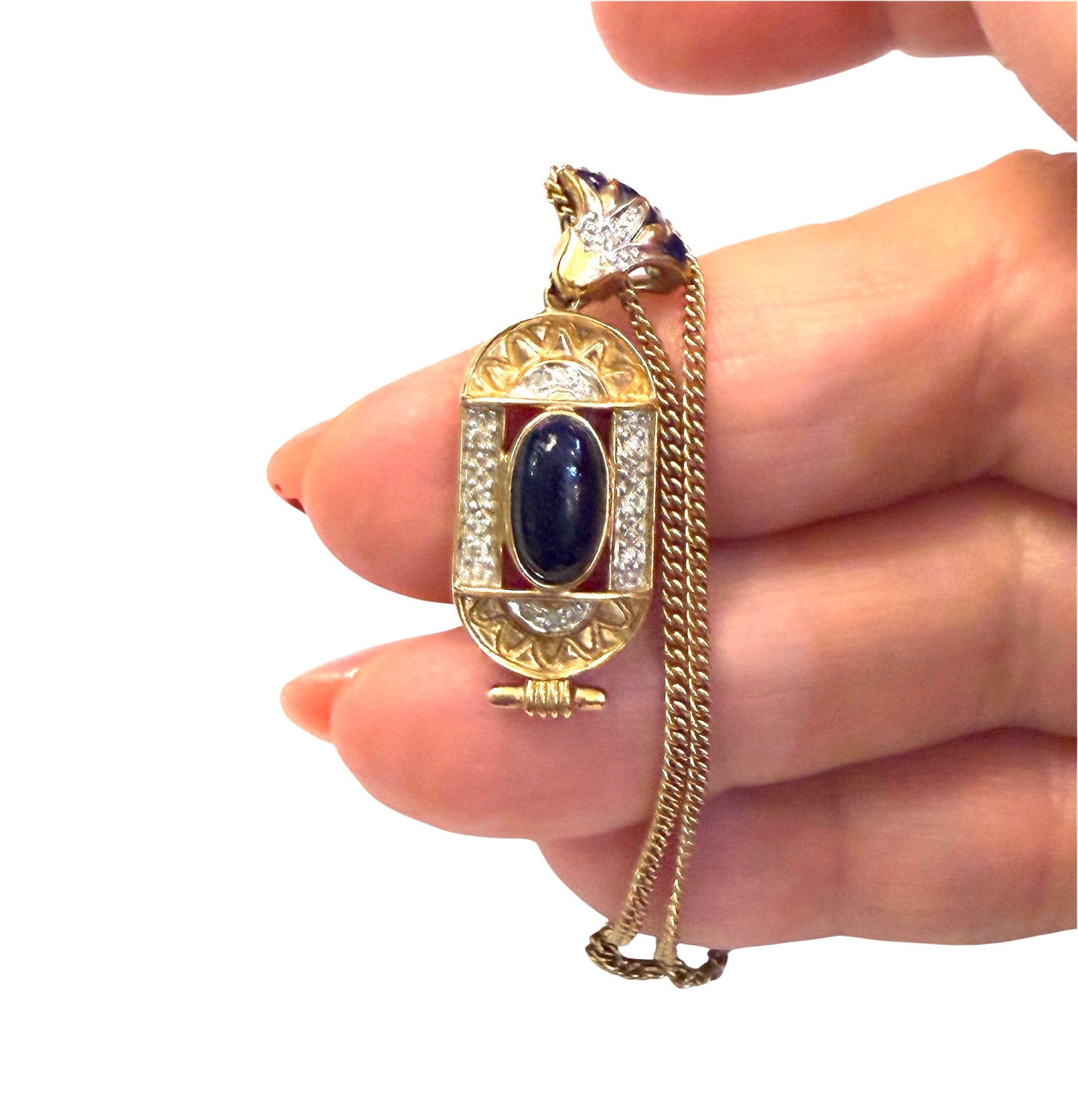 9ct vintage pendant and chain , lapiz and diamonds 16 3/4 inches